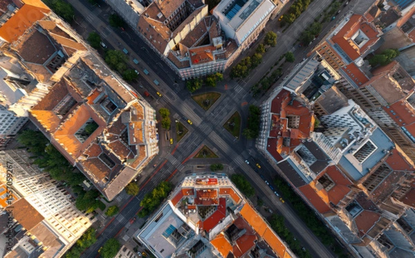 Fototapeta Aerial top down view of Oktogon Square in Budapest, Hugnary