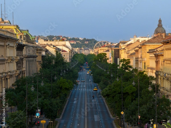 Fototapeta The famous Luxury shopping boulvard in Budapest. Name is Andrassy street. Lush trees both sides of road at Spring time