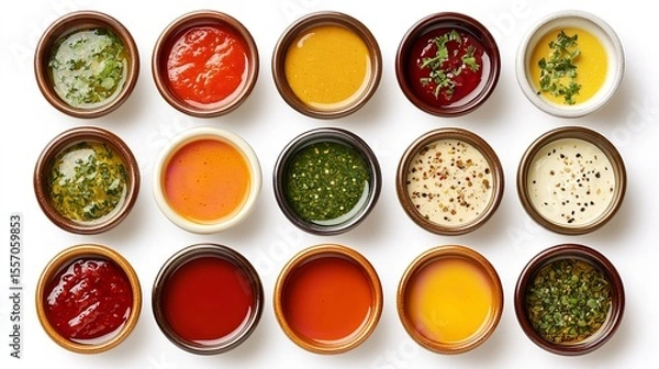 Fototapeta Set of different dip sauces top view.