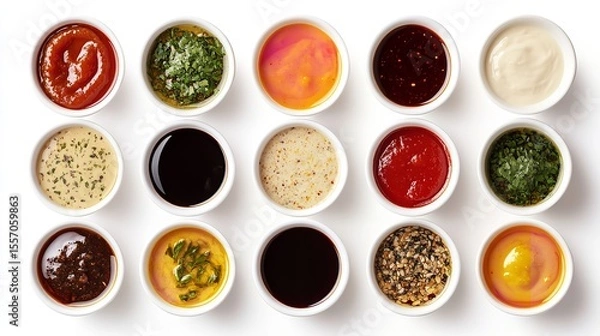 Fototapeta Set of different dip sauces top view.