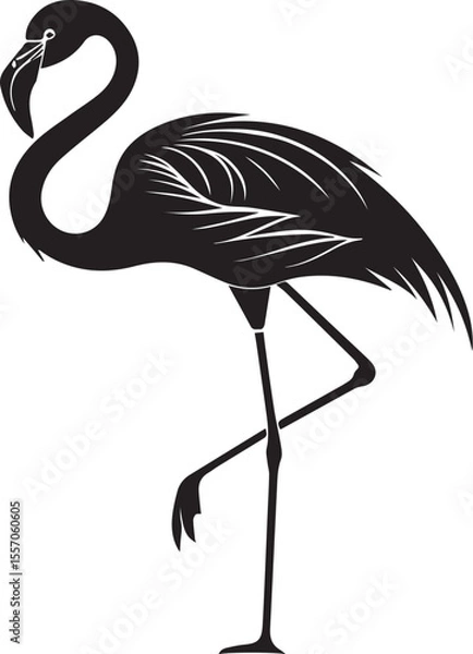 Obraz Black silhouette of a flamingo standing on one leg with elegant curved neck in minimal vector style, tropical bird symbol isolated on white background in clean flat PNG format

