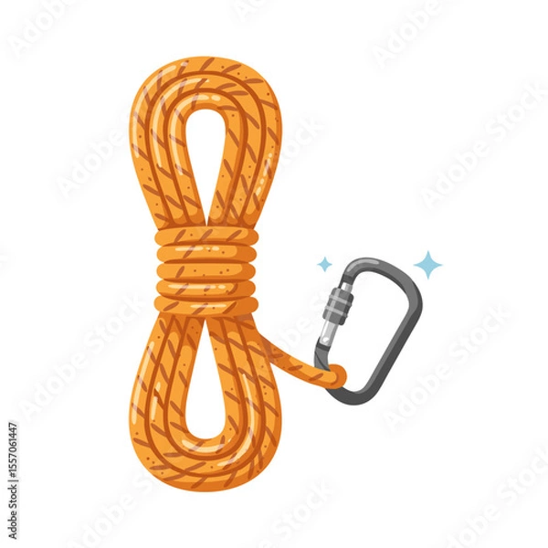 Fototapeta Icon of coiled climbing rope with attached carabiner, mountaineering equipment, isolated on transparent background