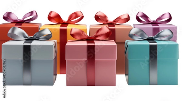 Fototapeta Vivid gift boxes adorn a pristine white backdrop, perfect for showcasing presents and festive celebrations or special occasions transparent.