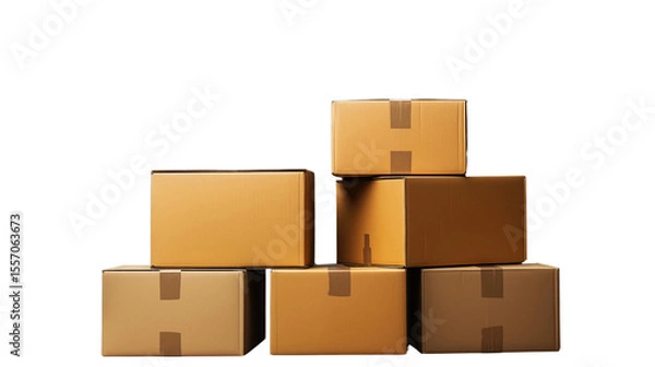 Fototapeta Stack of corrugated cardboard boxes ready for shipping or storage isolated on a clean white background transparent.