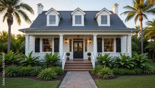 Fototapeta Elegant USA Home: A pristine residence, exuding charm and sophistication with its symmetrical design and lush landscaping.