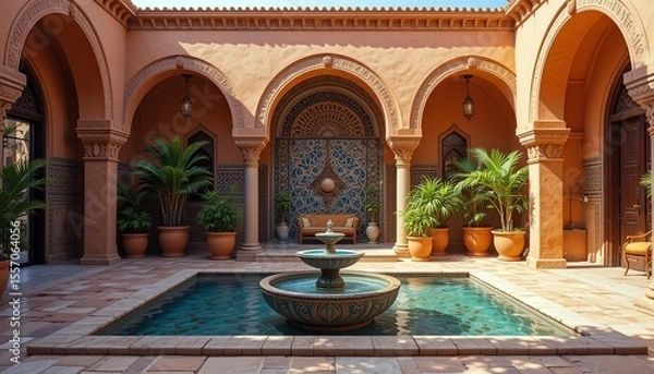 Fototapeta Moroccan Style Patio: An evocative architectural space features an open-air courtyard with elegant arches, lush greenery, and a captivating fountain, conveying a sense of peace and luxury.
