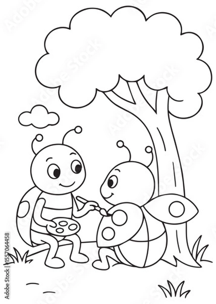 Fototapeta coloring book page two beetles chatting and draw under tree
