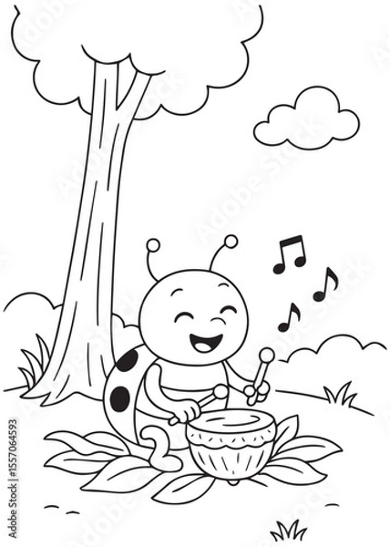 Fototapeta coloring book page beetle playing drum and singing under tree