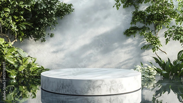 Fototapeta White stone podium, Cosmetic display product stand with water reflection background. 3D rendering

