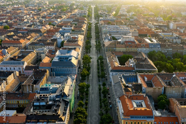 Fototapeta Aerial cityscape of Budapest downtown. Andrassy street, view towards Heroes square from Oktogon.