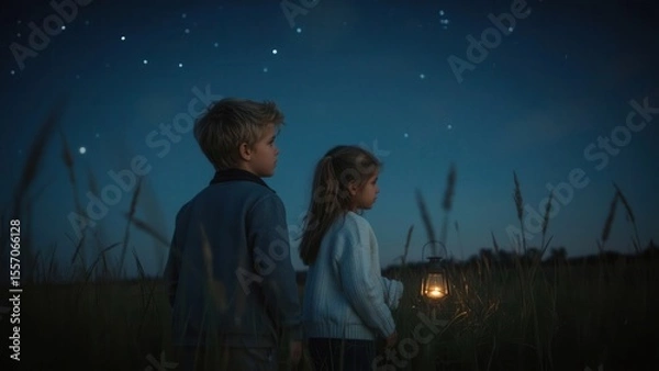 Fototapeta Children gazing at the night sky with a lantern in a grassy field, evoking a sense of wonder and adventure.
