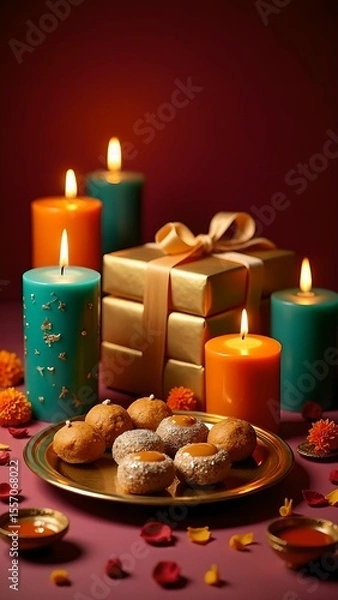 Fototapeta Colorful celebration setup featuring candles, sweets, and decorative elements during a festive occasion