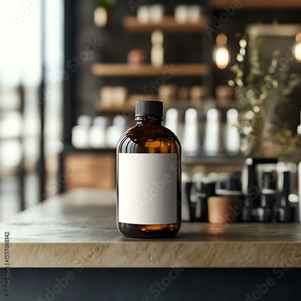 Obraz Amber bottle with blank label, and shop.