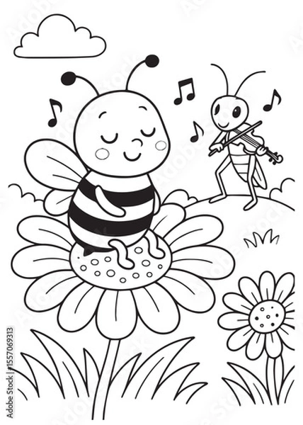 Fototapeta coloring book page bee on flower while bug plays flute