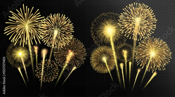 Fototapeta Bright golden fireworks explosion on transparent background. Vector illustration for celebration or festive design purposes.
