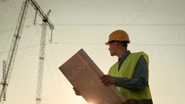 Fototapeta Energy auditor consulting blueprints during transmission tower inspection