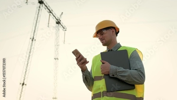 Fototapeta Smiling power line inspector using cellphone after transmission tower audit
