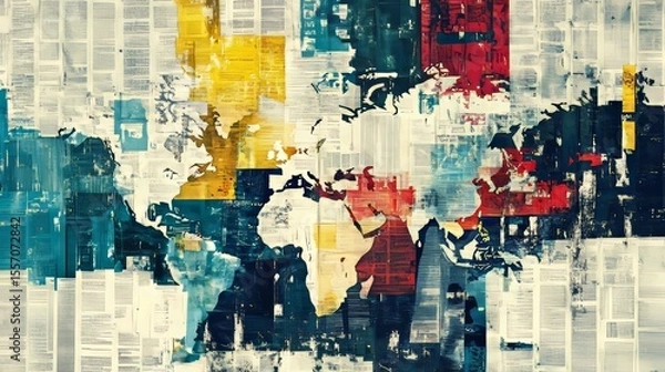 Fototapeta Abstract world map with newspaper texture and color splashes illustration