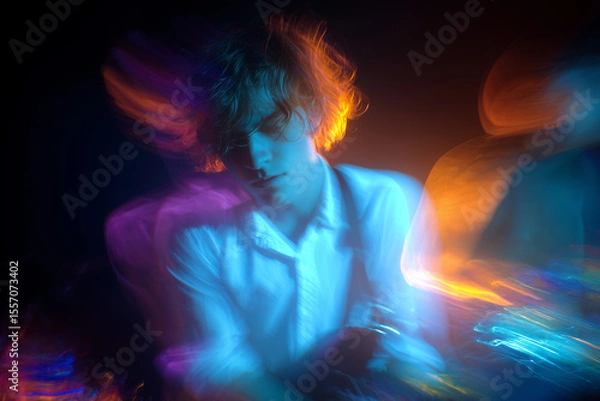 Obraz man with holographic light blur motion Photo Effect