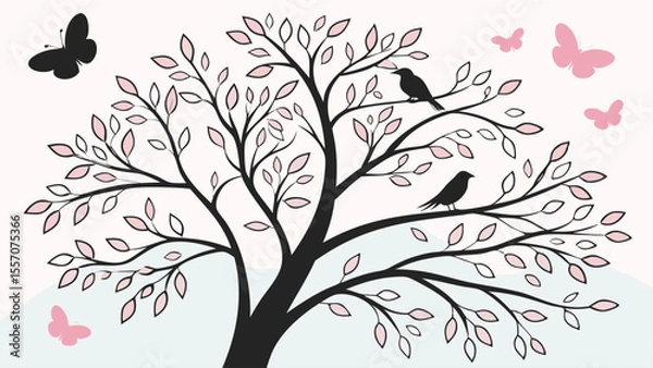 Fototapeta Illustration of a black tree with pink leaves and two birds with pink butterflies on a white background