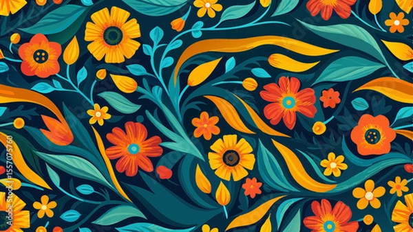 Obraz Vibrant Abstract Floral Pattern with Teal and Orange Accents on Dark Background