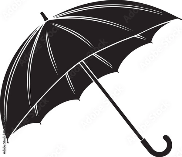 Obraz Flat silhouette of an umbrella opened with curved handle in black vector design, simple weather protection icon, isolated minimal graphic symbol in PNG format on white background