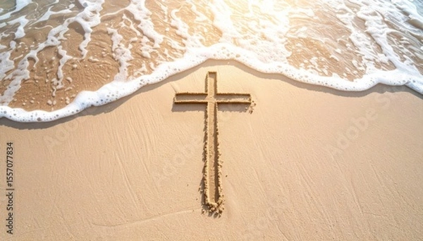 Fototapeta Serene beach scene with a cross drawn in sand, as ocean waves gently approach the shoreline, golden light