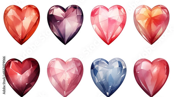 Fototapeta Watercolor gemstone hearts in varied colors, perfect for Valentines Day cards or love themed graphic design projects transparent.