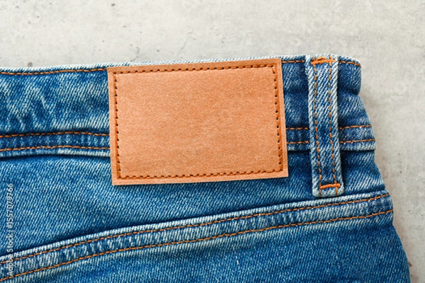 Obraz Top view of blue jeans with blank brown label, tag
