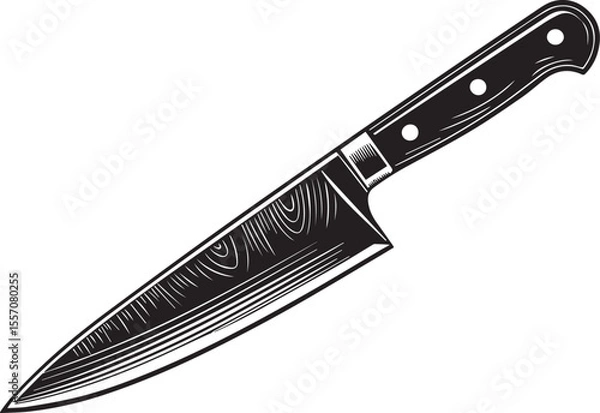 Obraz Silhouette of a kitchen knife in side pose with sharp blade, black vector style icon, minimal cooking tool graphic, isolated culinary symbol in flat PNG format on white background

