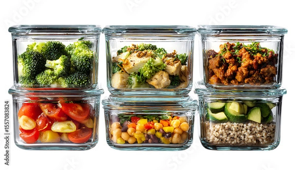 Fototapeta 4 meal preps in glass containers with chicken, shrimp, and black beans. Top view, flat lay. Gourmet food concept for work or school lunch.