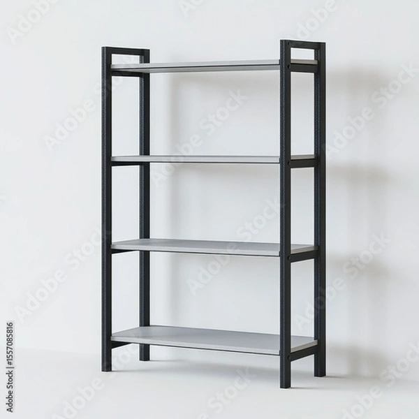 Obraz A minimalist, black metal and white shelving unit with four shelves, set against a plain white wall.