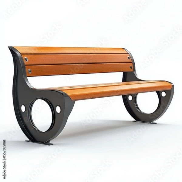 Obraz A modern wooden bench with curved black metal supports and circular cutouts, designed for outdoor or indoor seating.