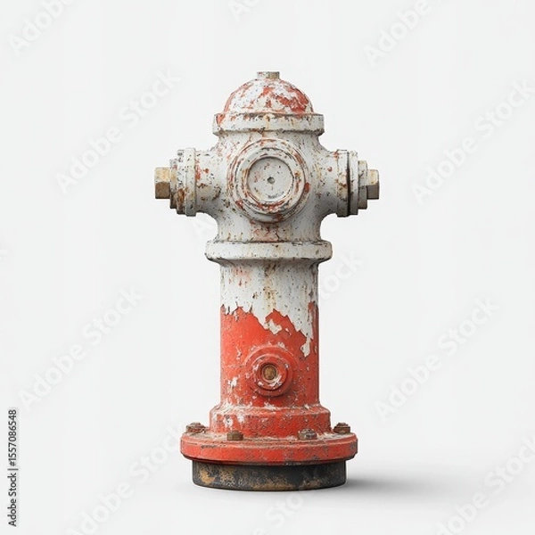 Obraz A weathered red and white fire hydrant with peeling paint stands isolated against a plain white background.