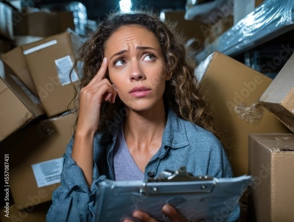 Fototapeta Puzzled Logistics: A warehouse worker appears perplexed amidst stacks of cardboard boxes, clutching a clipboard with a worried expression. The image speaks of challenges in shipping and delivery.