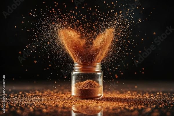 Obraz A dynamic golden explosion of fine powder bursts forth from a clear jar with a black lid on a powder-covered surface.
