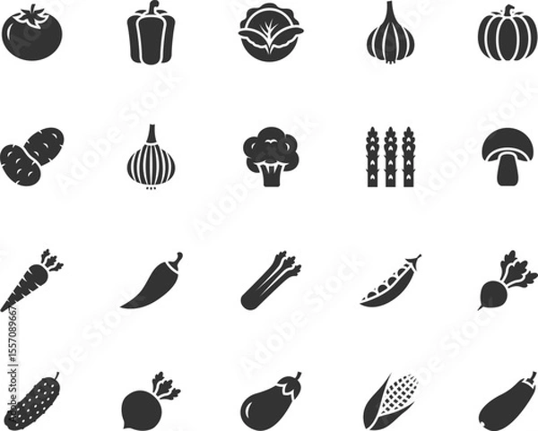Fototapeta Vector set of vegetables flat icons. Contains icons tomato, pepper, cucumber, potato, carrot, cabbage, zucchini, pumpkin and more. Pixel perfect.