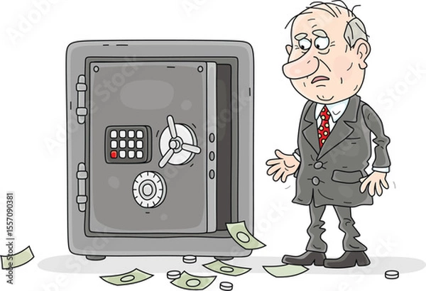 Obraz Sad unlucky businessman in front of an open empty safe in his office, vector cartoon illustration isolated on a white background