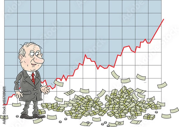 Obraz Lucky businessman enjoying his rising chart of profit and growing heap of money, vector cartoon illustration on a white background