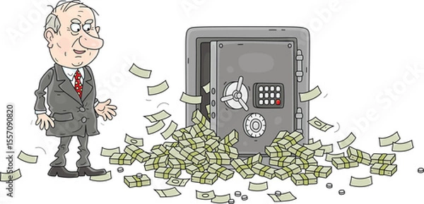 Obraz Lucky businessman with an open safe full of money enjoying his profit from a good deal, vector cartoon illustration on a white background