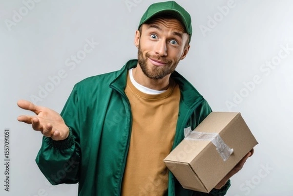 Fototapeta The Delivery Dilemma: A perplexed delivery person, box in hand, wears a quizzical expression, portraying the common uncertainties of modern-day package delivery.