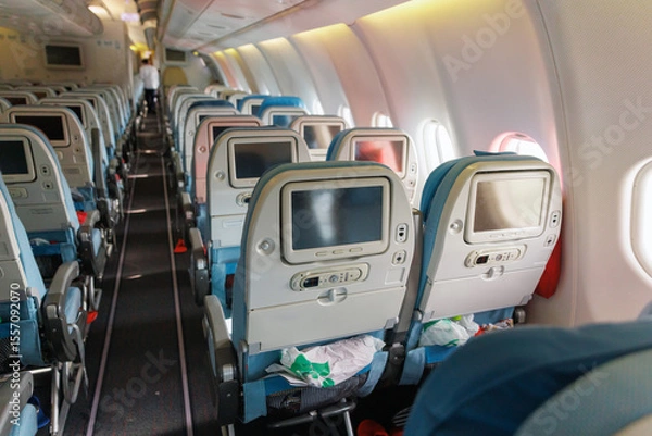 Fototapeta Rows of blue seats fill the airplane cabin, with overhead lights dimmed. Passengers prepare for departure, adding trash to nearby seat pockets as flight attendants pass through.