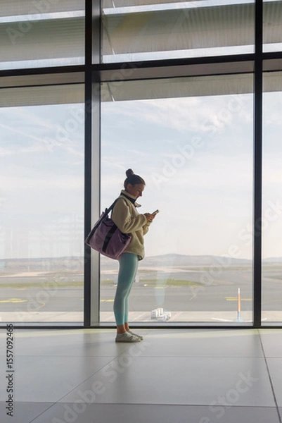Fototapeta A traveler stands in the airport terminal, focused on her phone. Large windows provide a view of the runway and distant mountains under a clear sky.