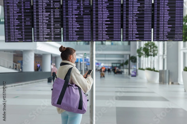 Fototapeta A woman stands at an airport terminal, focused on her phone while looking at the large flight information display board. The terminal is bustling with travelers in the background.