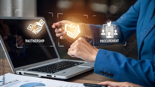 Fototapeta Businessman managing digital procurement process with contract, invoice, approval documents, representing B2B sourcing, vendor management, supply chain, e-procurement, paperless contract workflow.
