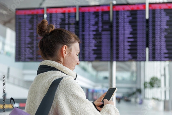 Fototapeta A person wearing a cozy jacket looks at their smartphone while standing near a large display board showing flight information at the airport. The environment is bright and modern.