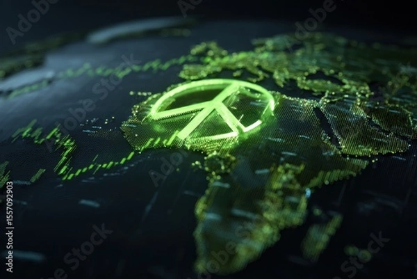 Obraz Global map with glowing peace symbol between Iran and Israel, stock market graphs surrounding map, hope in global markets.