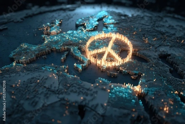 Obraz Global map with glowing peace symbol between Iran and Israel, stock market graphs surrounding map, hope in global markets.
