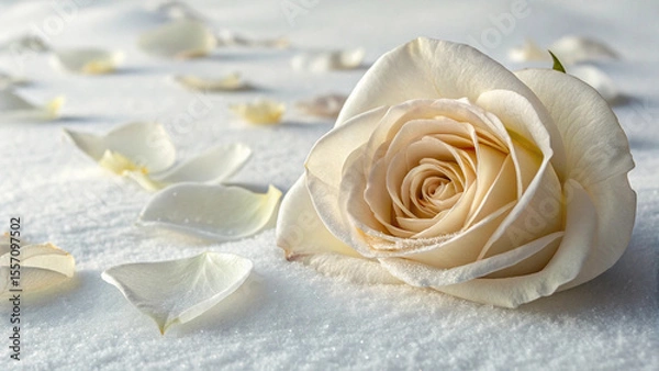 Fototapeta A Delicate White Rose Adorned with Dew Drops on a Bed of Snow