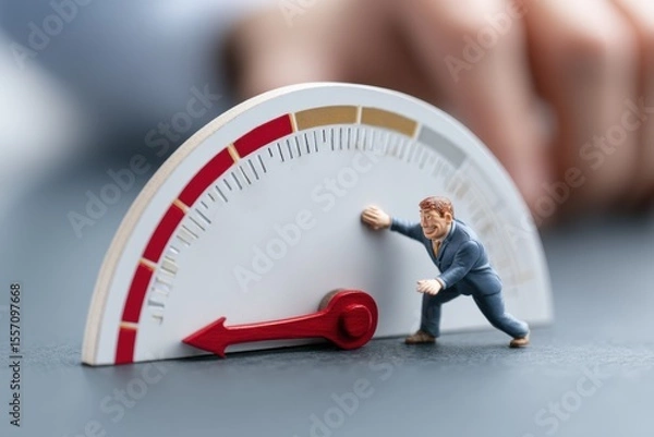 Obraz Illustration of interest rate gauge pointing downward with businessman smiling and holding a loan approval stamp – economic recovery, metaphorical visual.